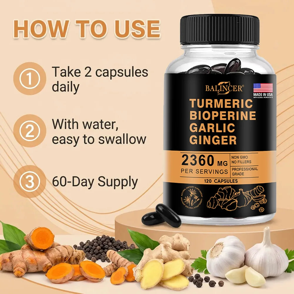Turmeric Ginger Capsules 2360mg with Curcumin 95%, Garlic & Black Pepper, Joint Support, Digestion & Immune Health Supplement