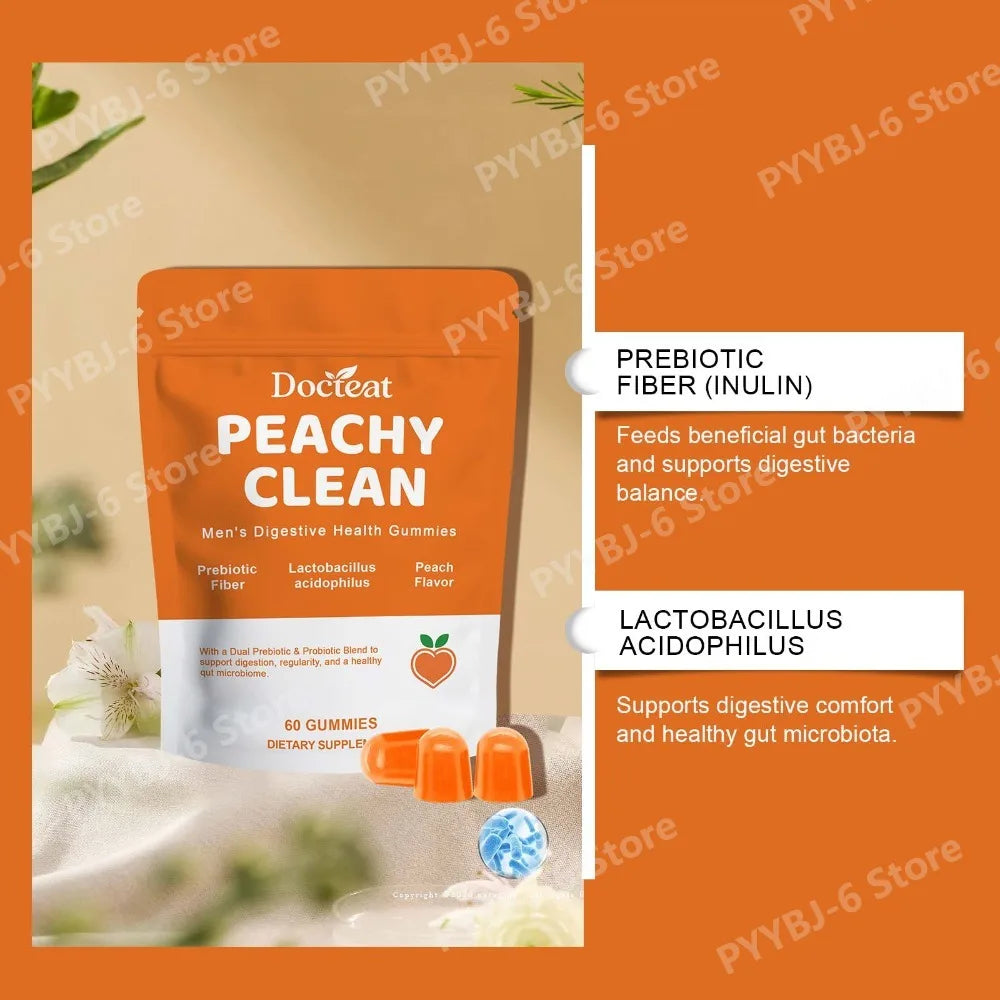 Docteat Peachy Clean Men's Digestive Health Gummies Prebiotic & Probiotic Blend Peach Flavor 60 Gummies Dietary Supplement