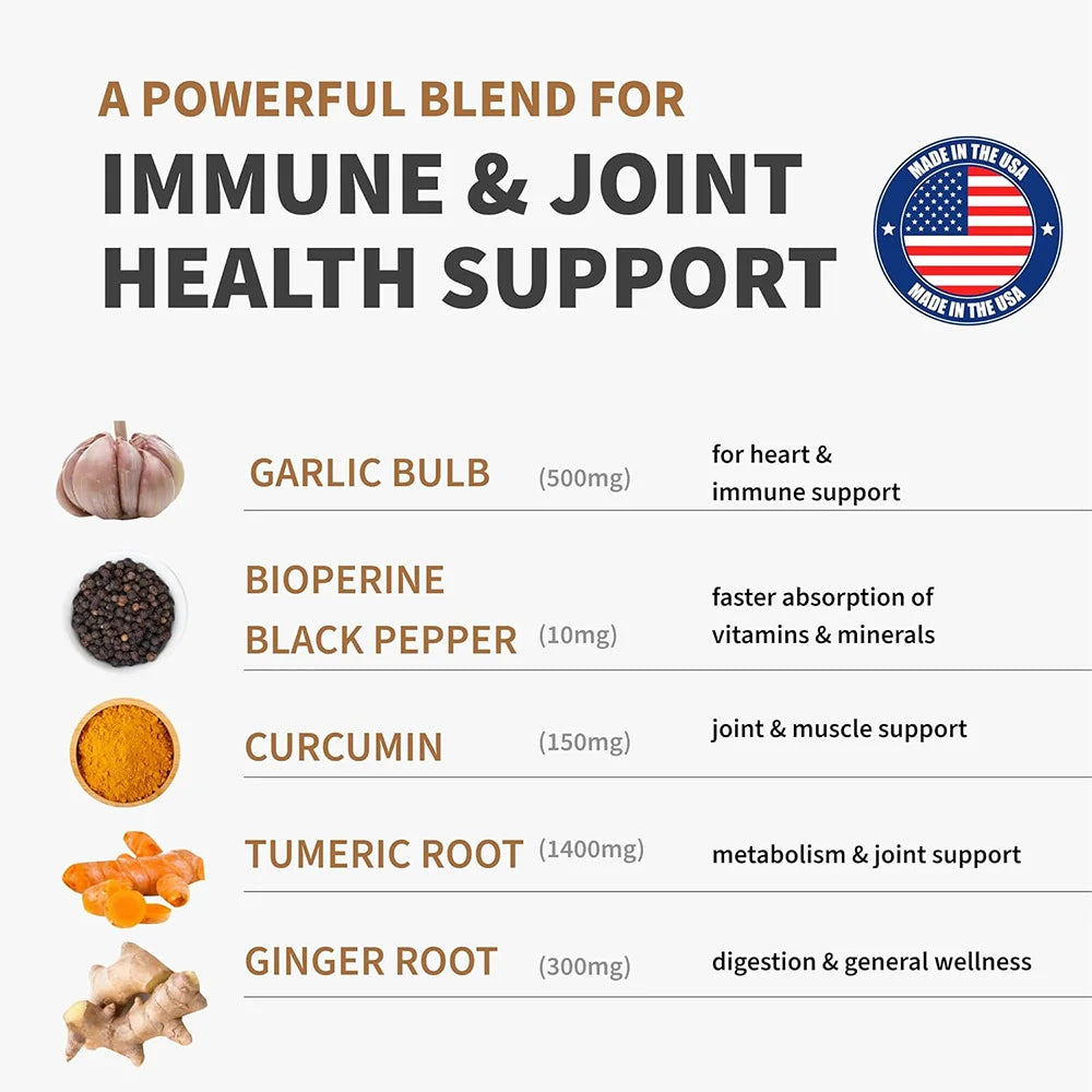4-in-1 Turmeric and Garlic Supplements with Bioperine 2360 mg, Ginger Root Capsules for Joint, Digestion & Immune Health Support