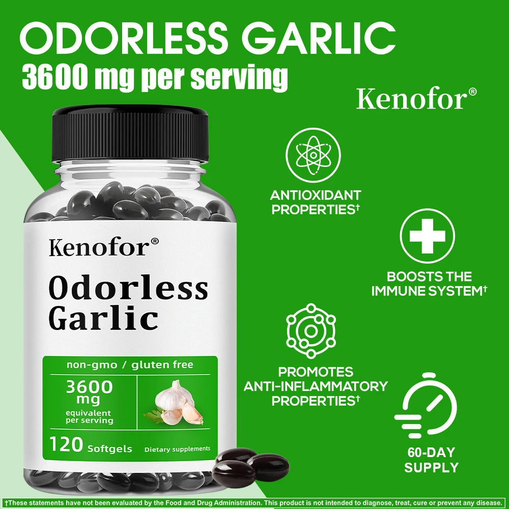 Odorless Garlic Capsules - Supports Immune and Cardiovascular, Cholesterol Health, Antioxidant, Non-GMO, Dietary Supplement