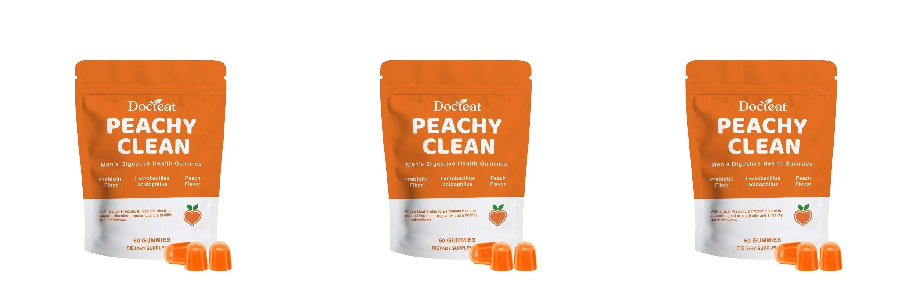 Docteat Peachy Clean Men's Digestive Health Gummies Prebiotic & Probiotic Blend Peach Flavor 60 Gummies Dietary Supplement