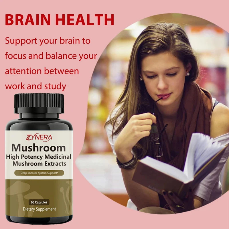 Mushroom Complex Capsules Supplement Support Immunity and Focus Health Boost Memory Protect Brain Nerves for men women stressful