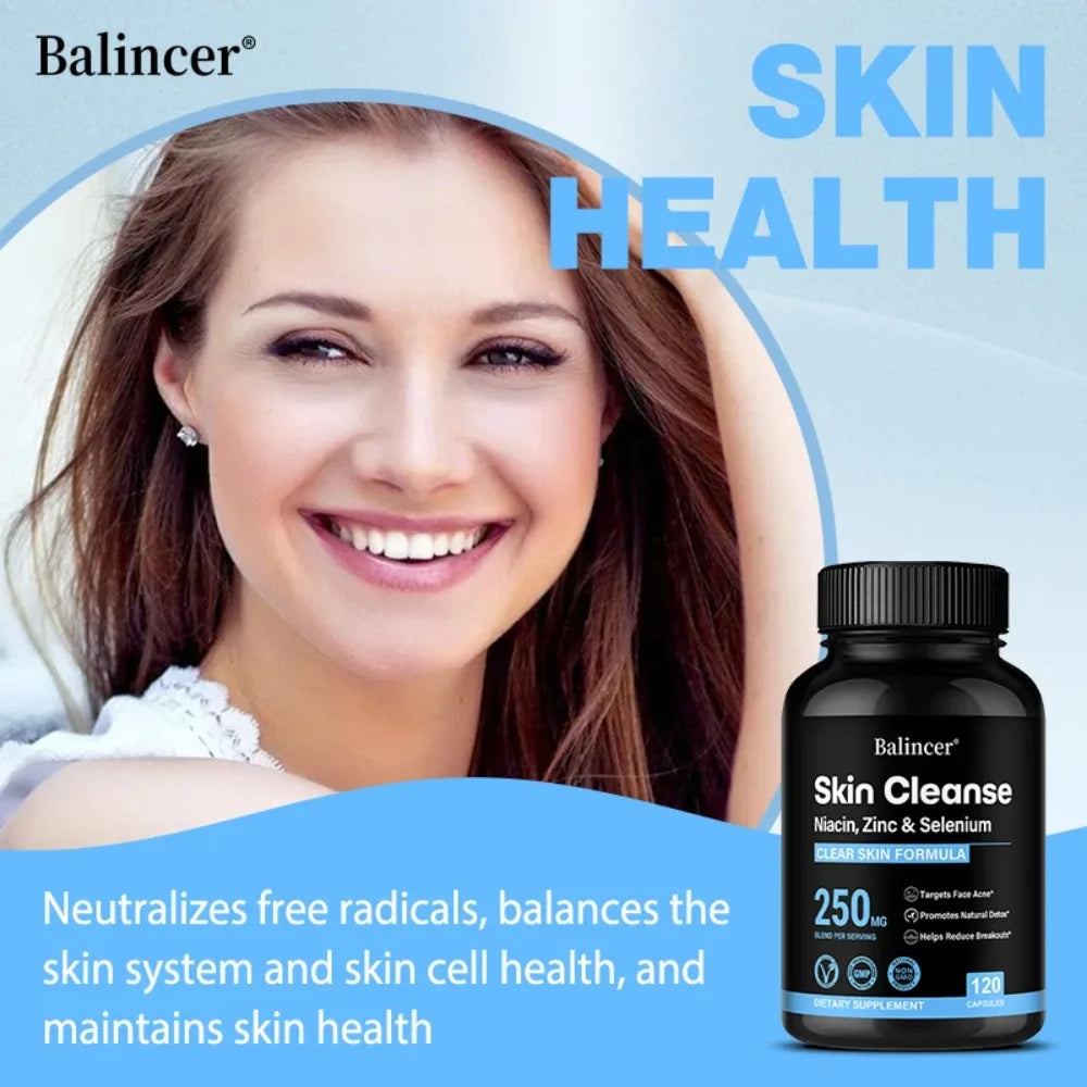 Skin Cleanse Supplements for Men, Women & Teens – Niacin, Zinc & Selenium, Skin Health & Immune Support – 120 Vegan Capsules