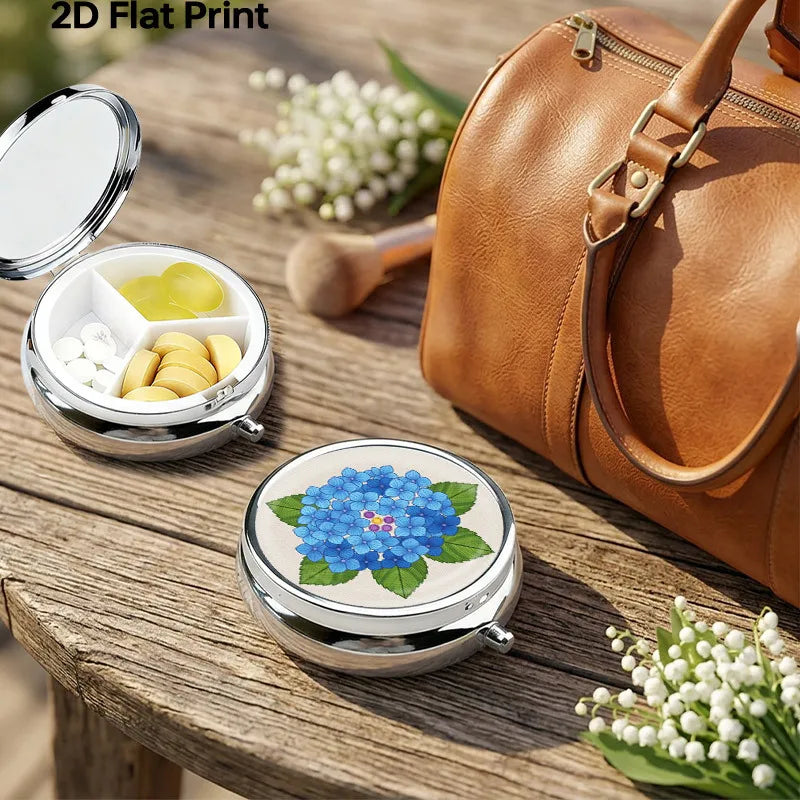 Portable Mini Metal Pill Box Blue Hydrangea Floral 3 Compartment Medicine Case Travel Pill Organizer Small Pocket Vitamin Storage Holder for Purse Floral Pattern Medicine Dispensing Container Compact Durable Health Care Gift for Women Mom