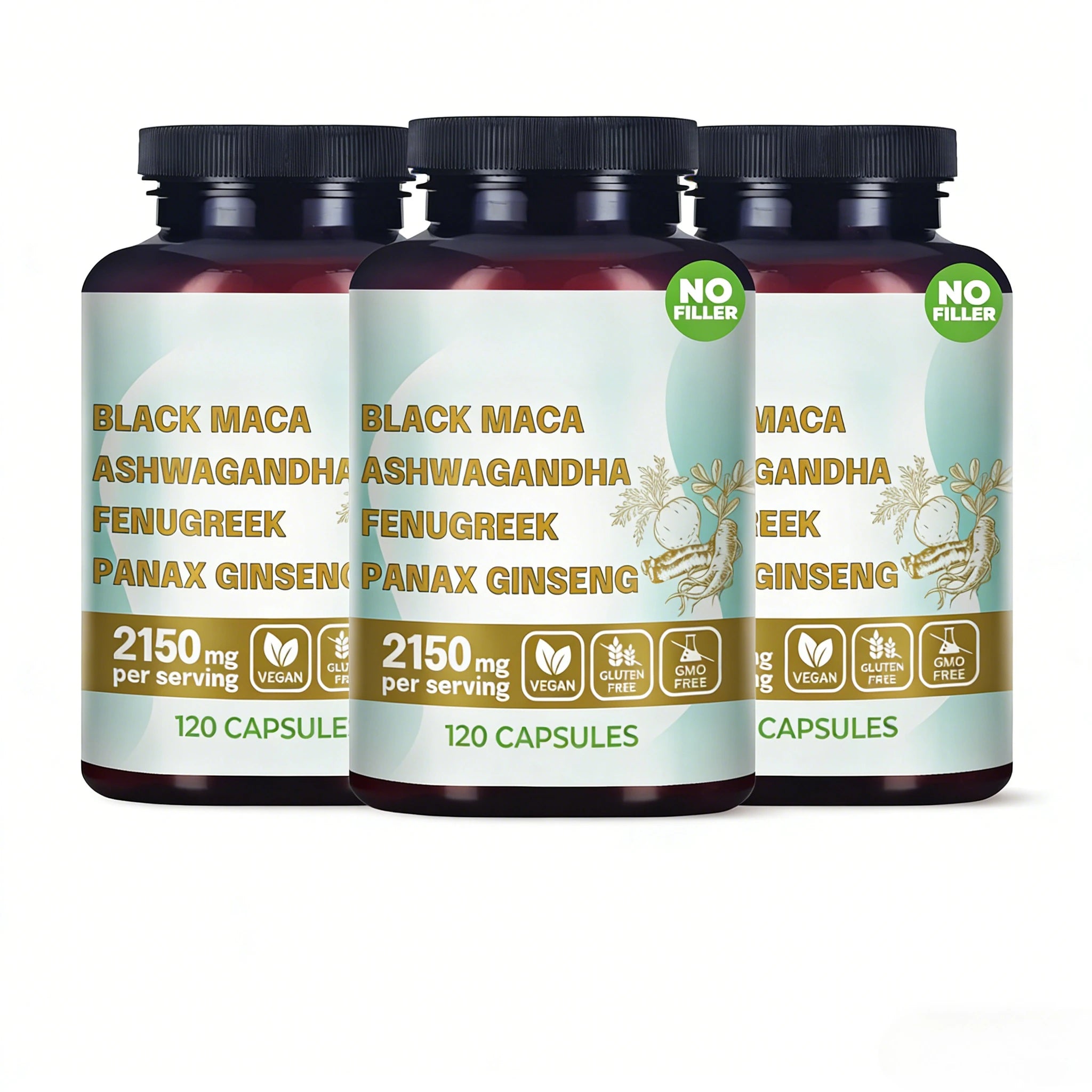 4-in-1 Organic Black Maca Root Ashwagandha Fenugreek Panax Ginseng Capsules 120 Count Male & Female Energy Support Supplement