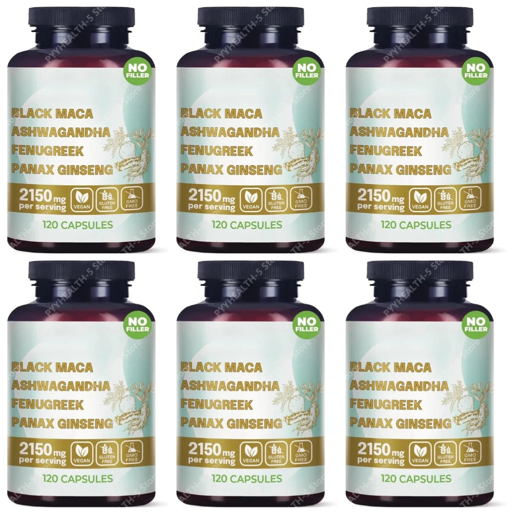 4-in-1 Organic Black Maca Root Ashwagandha Fenugreek Panax Ginseng Capsules 120 Count Male & Female Energy Support Supplement