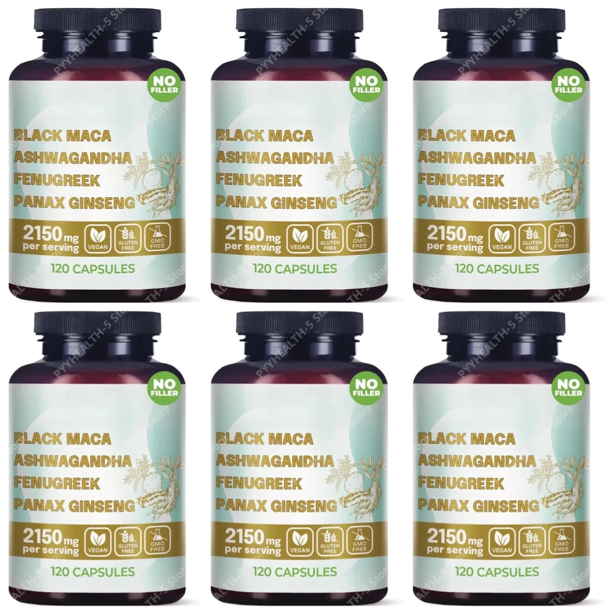 4-in-1 Organic Black Maca Root Ashwagandha Fenugreek Panax Ginseng Capsules 120 Count Male & Female Energy Support Supplement