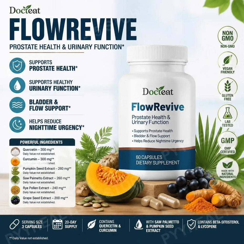 Docteat FlowRevive Men’s Saw Palmetto Prostate Health Supplement with Beta Sitosterol Pygeum Quercetin Curcumin 60 Capsules