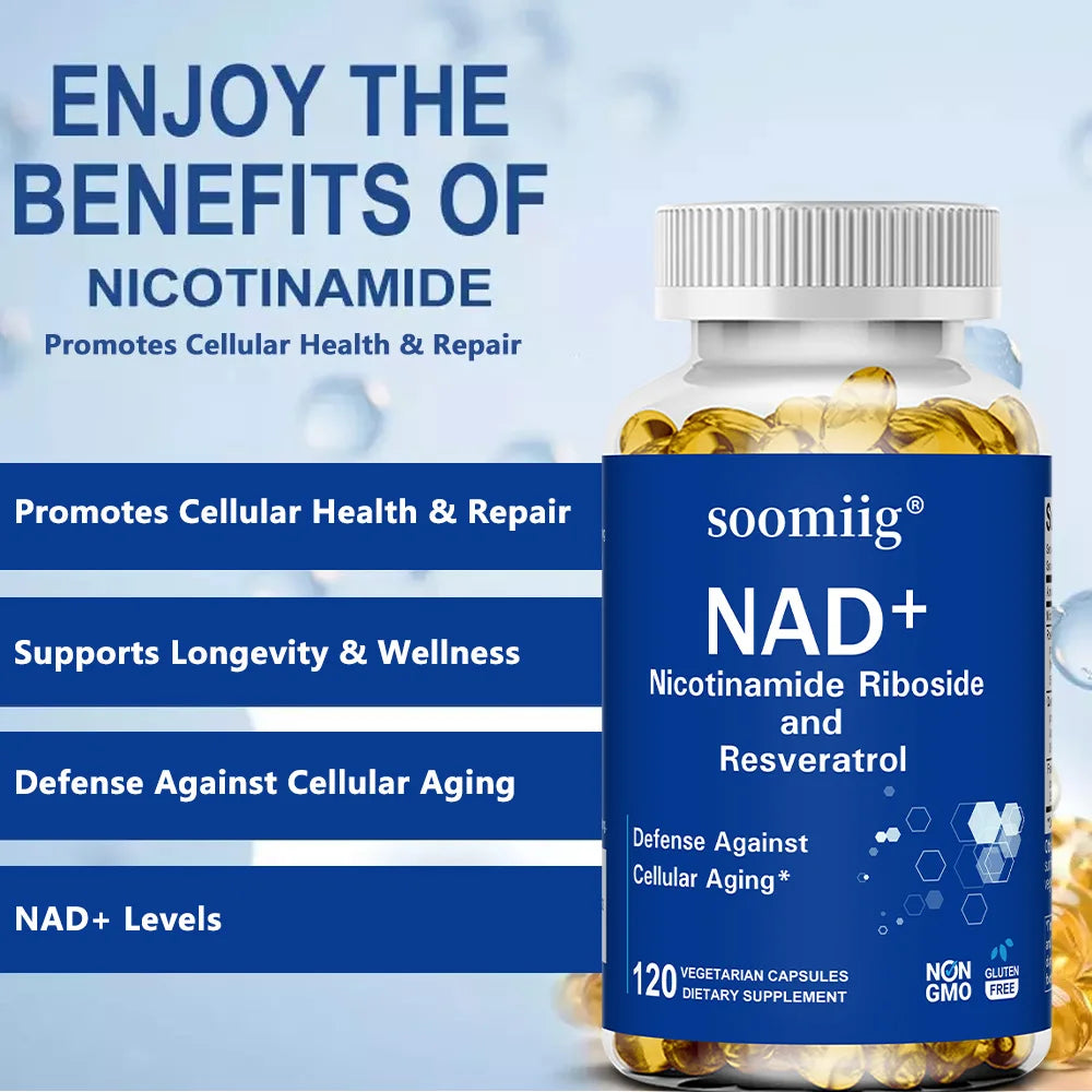 NAD Supplement - with Nicotinamide Riboside & Resveratrol, Natural Energy, Cellular Health, Anti Aging, Enhance Immunity