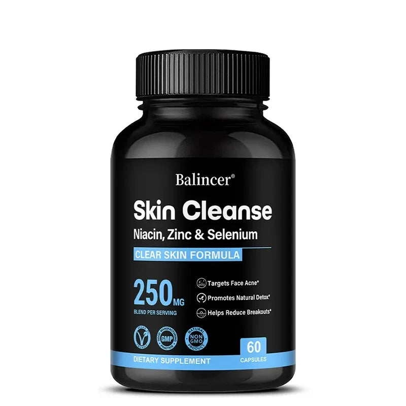 Skin Cleanse Supplements for Men, Women & Teens – Niacin, Zinc & Selenium, Skin Health & Immune Support – 120 Vegan Capsules